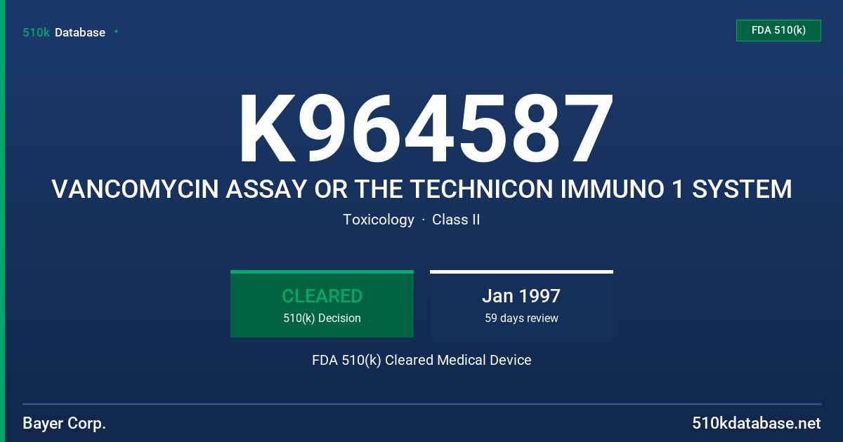 K964587 VANCOMYCIN ASSAY OR THE TECHNICON IMMUNO 1 SYSTEM FDA 510(k) Cleared Medical Device