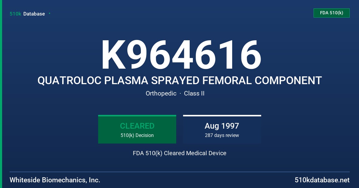 K964616 QUATROLOC PLASMA SPRAYED FEMORAL COMPONENT FDA 510(k) Cleared Medical Device