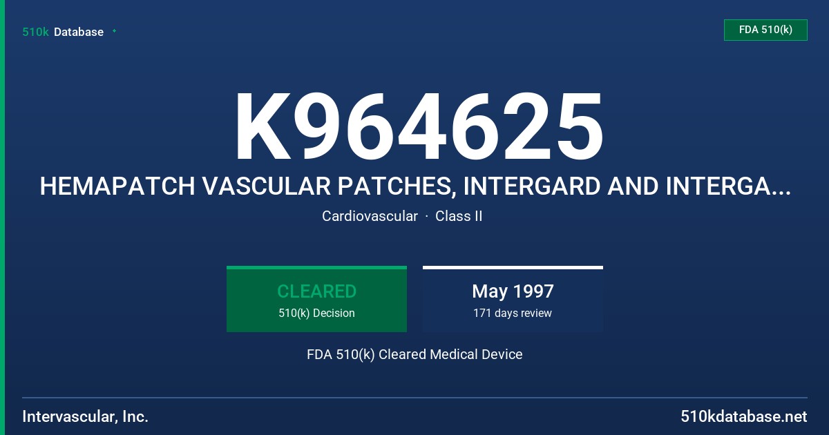 K964625 HEMAPATCH VASCULAR PATCHES, INTERGARD AND INTERGARD-RS VASCULAR PROSTHESES FDA 510(k) Cleared Medical Device