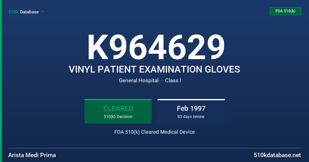 K964629 VINYL PATIENT EXAMINATION GLOVES FDA 510(k) Cleared Medical Device