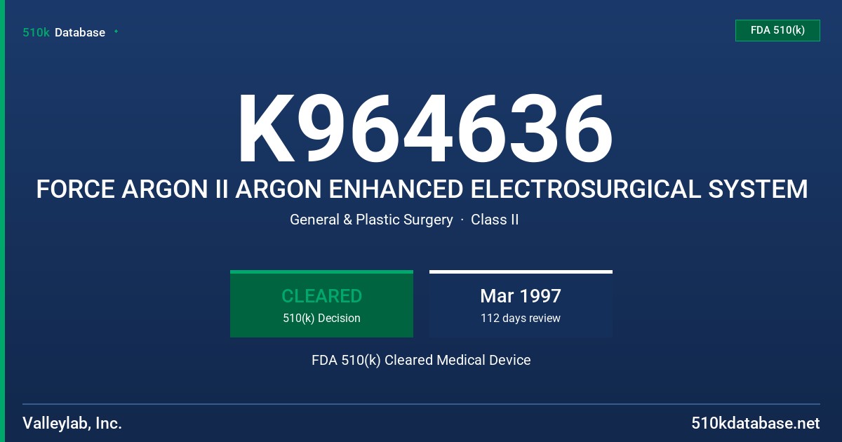 K964636 FORCE ARGON II ARGON ENHANCED ELECTROSURGICAL SYSTEM FDA 510(k) Cleared Medical Device