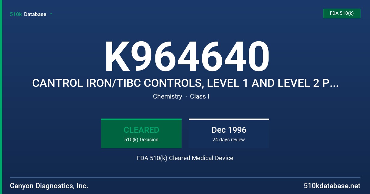 K964640 CANTROL IRON/TIBC CONTROLS, LEVEL 1 AND LEVEL 2 PRODUCT NUMBERS: LEVEL 1: IIBC-91 AND LEVEL 2: IIBC-92 FDA 510(k) Cleared Medical Device