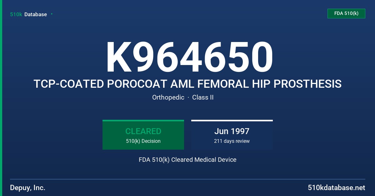 K964650 TCP-COATED POROCOAT AML FEMORAL HIP PROSTHESIS FDA 510(k) Cleared Medical Device
