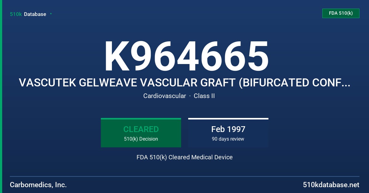 K964665 VASCUTEK GELWEAVE VASCULAR GRAFT (BIFURCATED CONFIGURATION) FDA 510(k) Cleared Medical Device