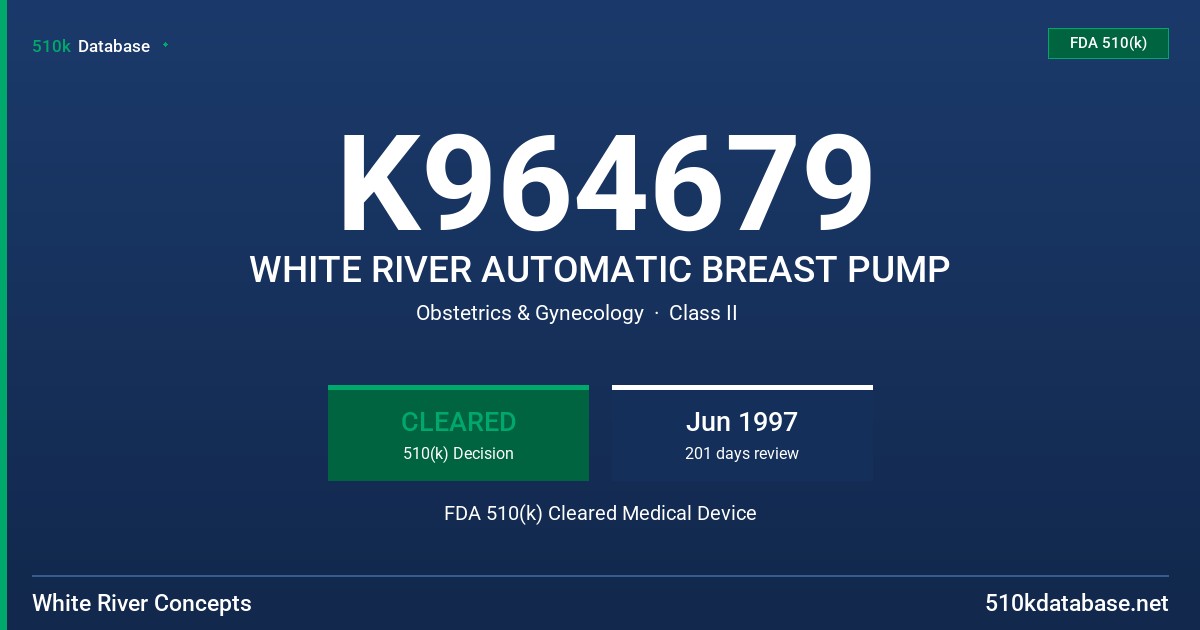 K964679 WHITE RIVER AUTOMATIC BREAST PUMP FDA 510(k) Cleared Medical Device