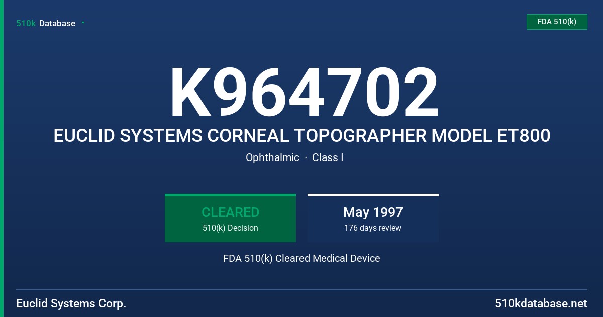 K964702 EUCLID SYSTEMS CORNEAL TOPOGRAPHER MODEL ET800 FDA 510(k) Cleared Medical Device