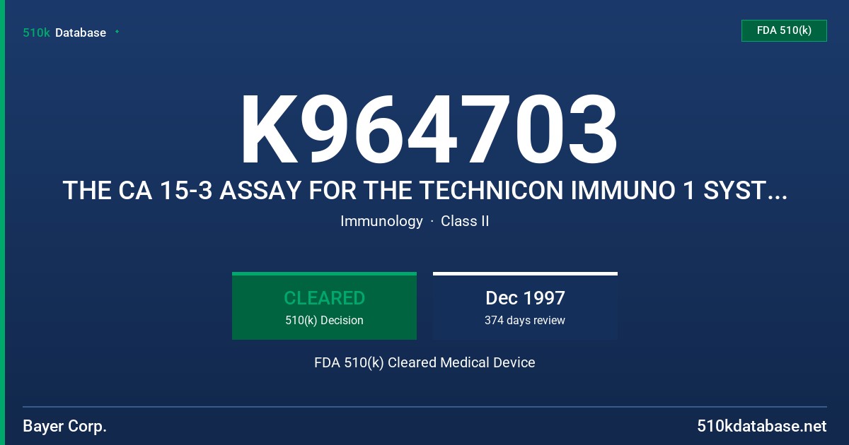 K964703 THE CA 15-3 ASSAY FOR THE TECHNICON IMMUNO 1 SYSTEM (IN VITRO DIAGNOSTIC SYSTEM) FDA 510(k) Cleared Medical Device
