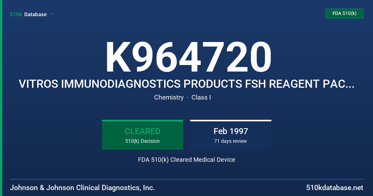 K964720 VITROS IMMUNODIAGNOSTICS PRODUCTS FSH REAGENT PACK (GEM. 1005) FSH CALIBRATORS (GEM.C005) FDA 510(k) Cleared Medical Device