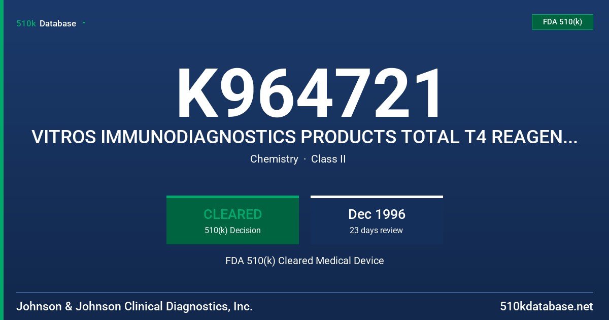 K964721 VITROS IMMUNODIAGNOSTICS PRODUCTS TOTAL T4 REAGENT PACK (GEM.1005) TOTAL T4 CALIBRATORS (GEM.C005) FDA 510(k) Cleared Medical Device