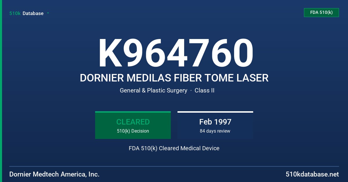 K964760 DORNIER MEDILAS FIBER TOME LASER FDA 510(k) Cleared Medical Device