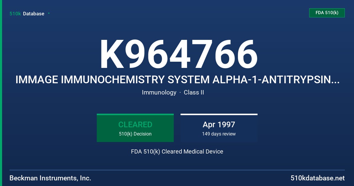 K964766 IMMAGE IMMUNOCHEMISTRY SYSTEM ALPHA-1-ANTITRYPSIN (AAT) FDA 510(k) Cleared Medical Device