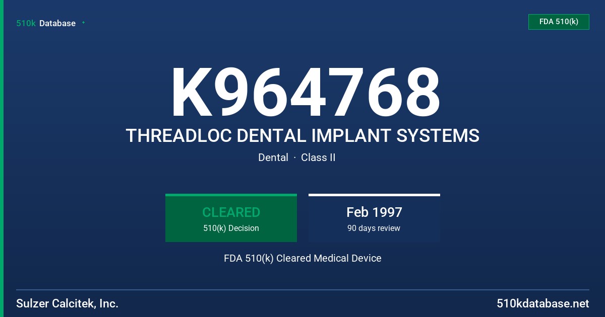 K964768 THREADLOC DENTAL IMPLANT SYSTEMS FDA 510(k) Cleared Medical Device