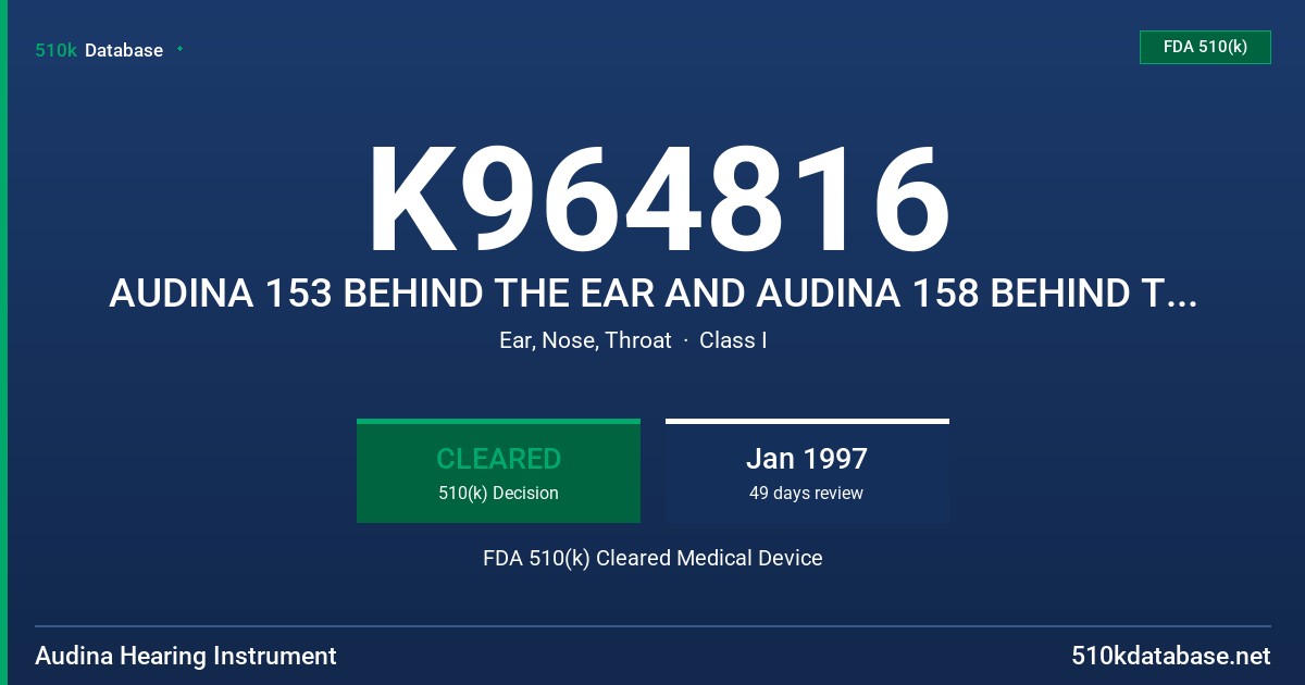 K964816 AUDINA 153 BEHIND THE EAR AND AUDINA 158 BEHIND THE EAR FDA 510(k) Cleared Medical Device