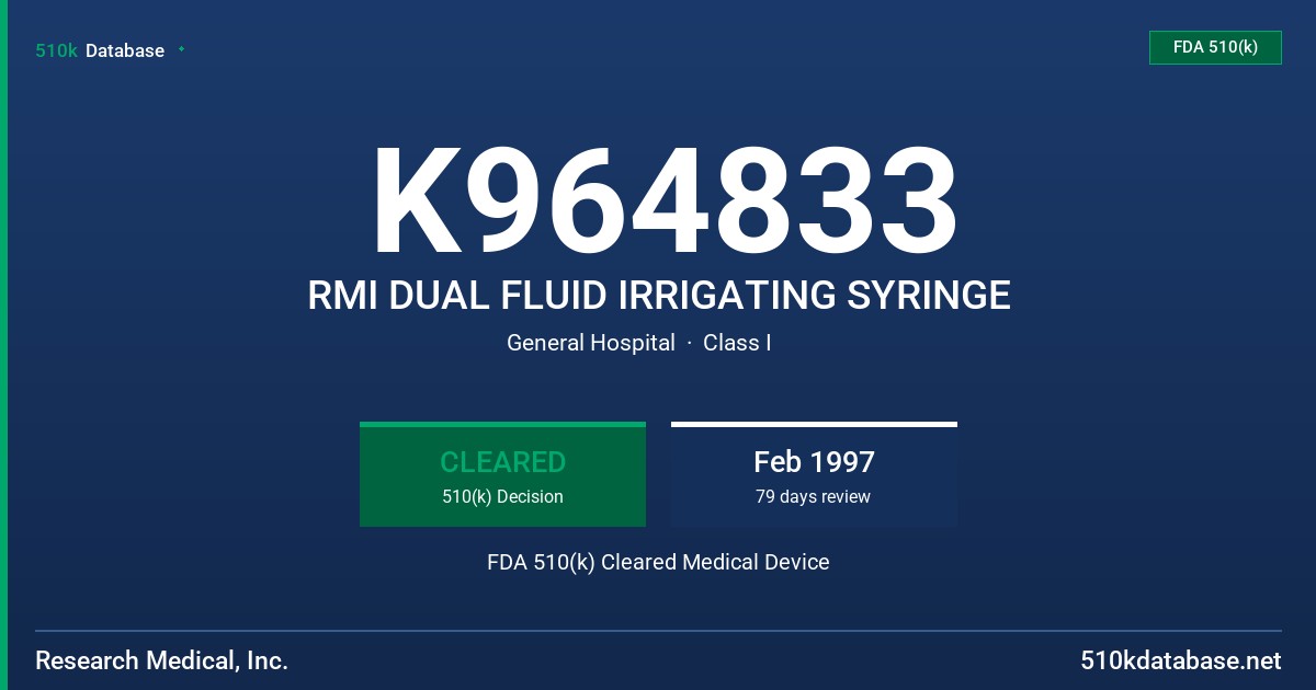 K964833 RMI DUAL FLUID IRRIGATING SYRINGE FDA 510(k) Cleared Medical Device