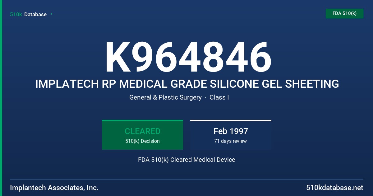 K964846 IMPLATECH RP MEDICAL GRADE SILICONE GEL SHEETING FDA 510(k) Cleared Medical Device