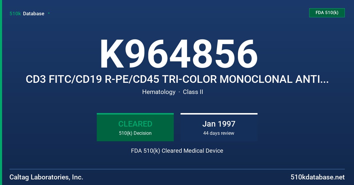K964856 CD3 FITC/CD19 R-PE/CD45 TRI-COLOR MONOCLONAL ANTIBODY COMBINATION FDA 510(k) Cleared Medical Device