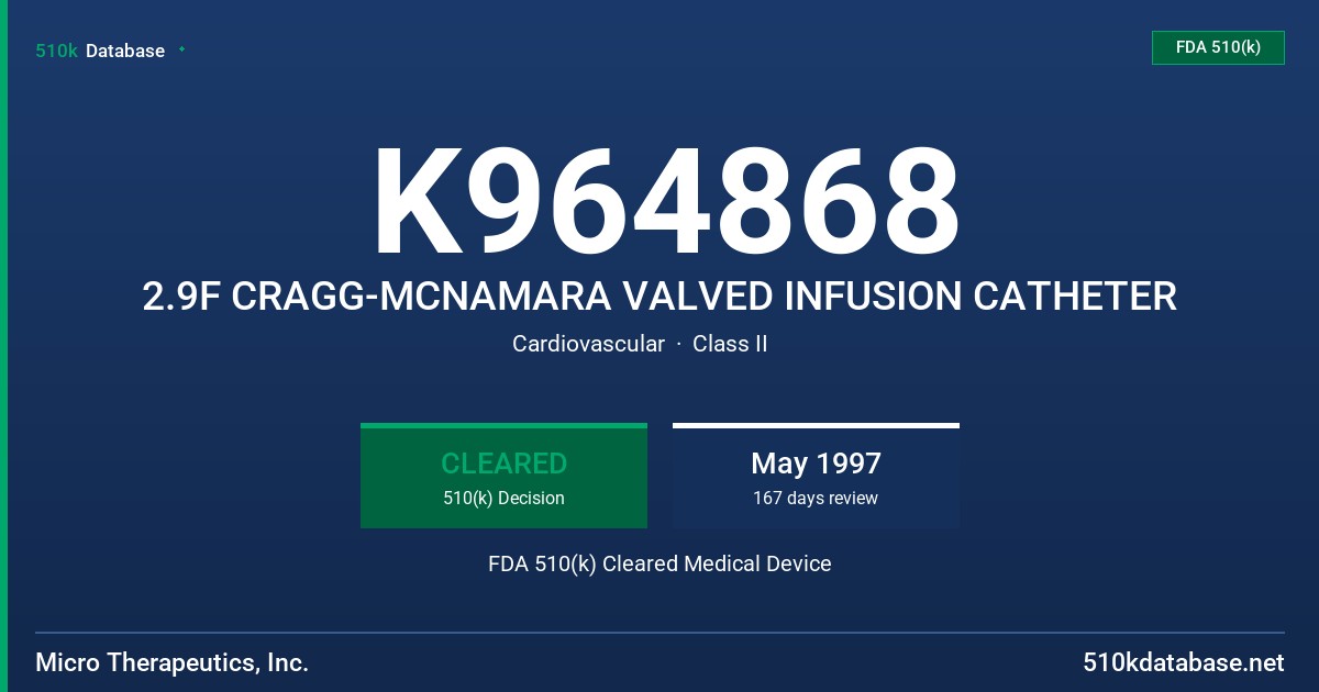 K964868 2.9F CRAGG-MCNAMARA VALVED INFUSION CATHETER FDA 510(k) Cleared Medical Device