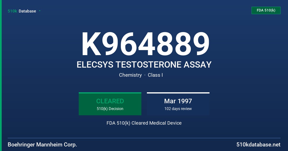 K964889 ELECSYS TESTOSTERONE ASSAY FDA 510(k) Cleared Medical Device