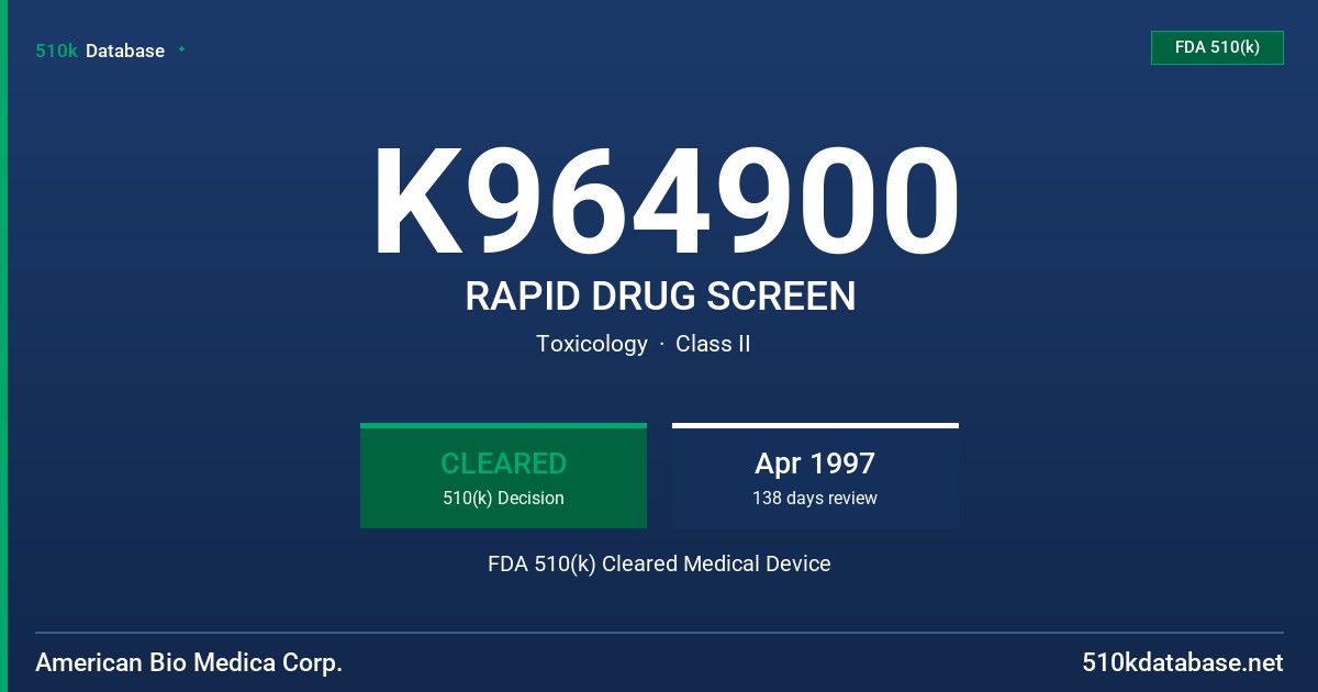 K964900 RAPID DRUG SCREEN FDA 510(k) Cleared Medical Device