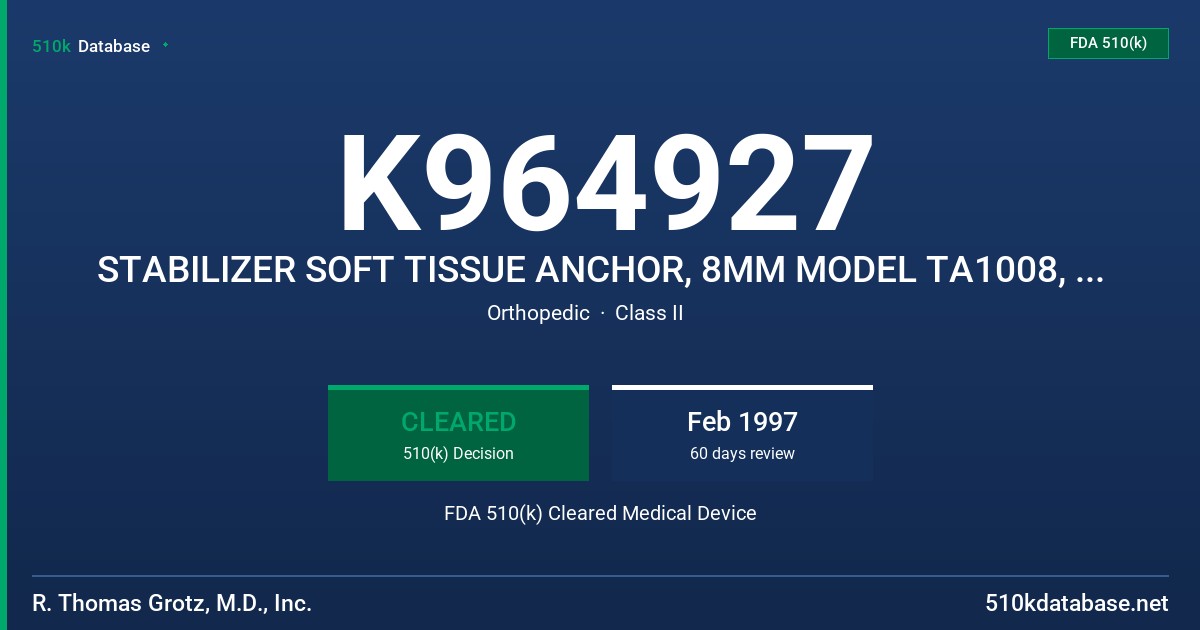 K964927 STABILIZER SOFT TISSUE ANCHOR, 8MM MODEL TA1008, ANCHOR INSERTER/SUTURE ORGANIZER, 8MM MODEL AI1008, STABILIZER DRILL, 8 FDA 510(k) Cleared Medical Device