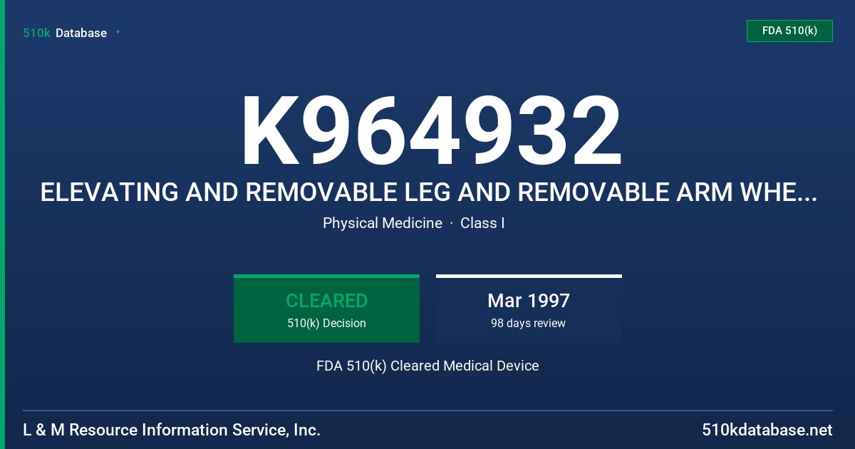 K964932 ELEVATING AND REMOVABLE LEG AND REMOVABLE ARM WHEELCHAIR FDA 510(k) Cleared Medical Device