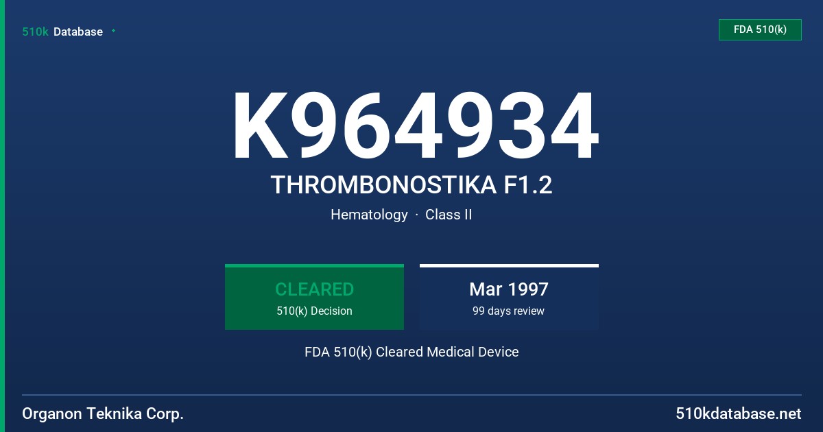 K964934 THROMBONOSTIKA F1.2 FDA 510(k) Cleared Medical Device