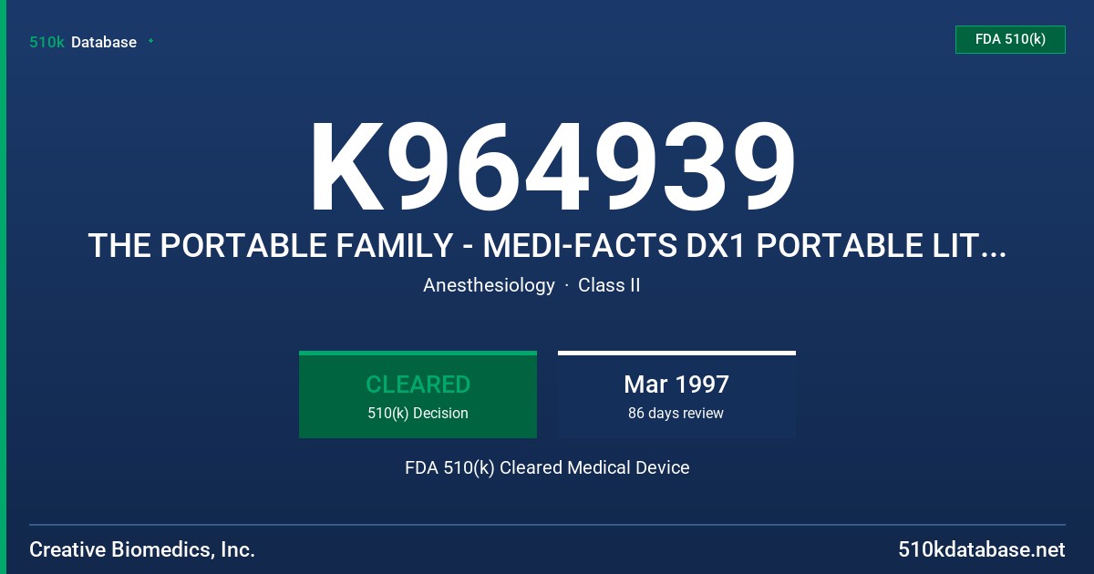 K964939 THE PORTABLE FAMILY - MEDI-FACTS DX1 PORTABLE LITE AND DX1 PORTABLE PLUS FDA 510(k) Cleared Medical Device