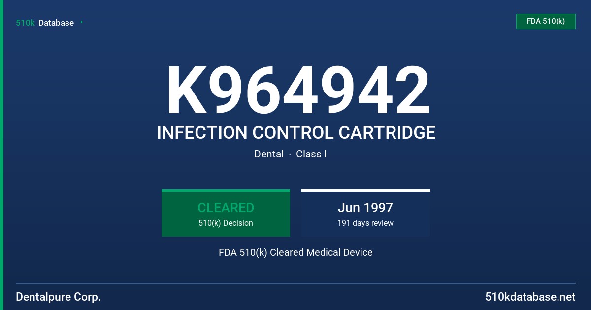 K964942 INFECTION CONTROL CARTRIDGE FDA 510(k) Cleared Medical Device