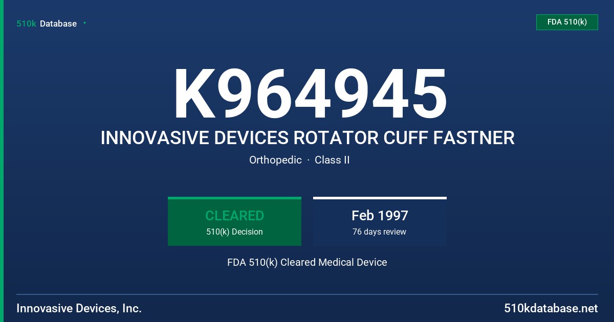 K964945 INNOVASIVE DEVICES ROTATOR CUFF FASTNER FDA 510(k) Cleared Medical Device