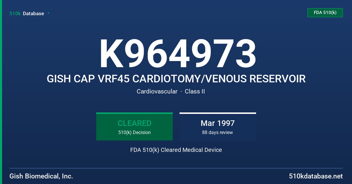 K964973 GISH CAP VRF45 CARDIOTOMY/VENOUS RESERVOIR FDA 510(k) Cleared Medical Device