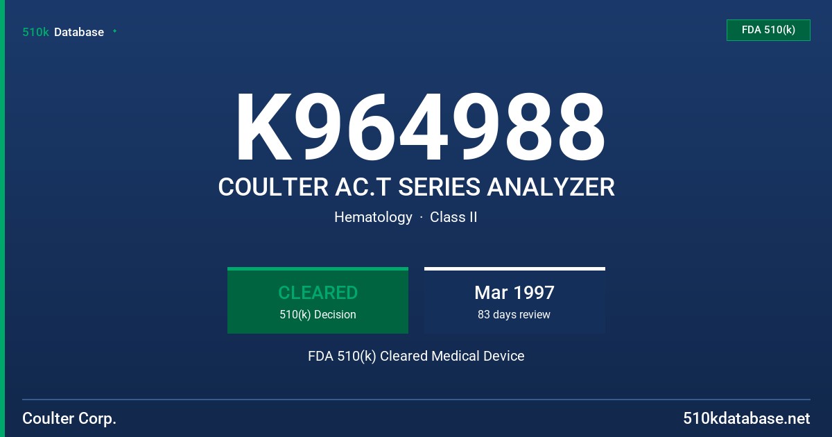 K964988 COULTER AC.T SERIES ANALYZER FDA 510(k) Cleared Medical Device