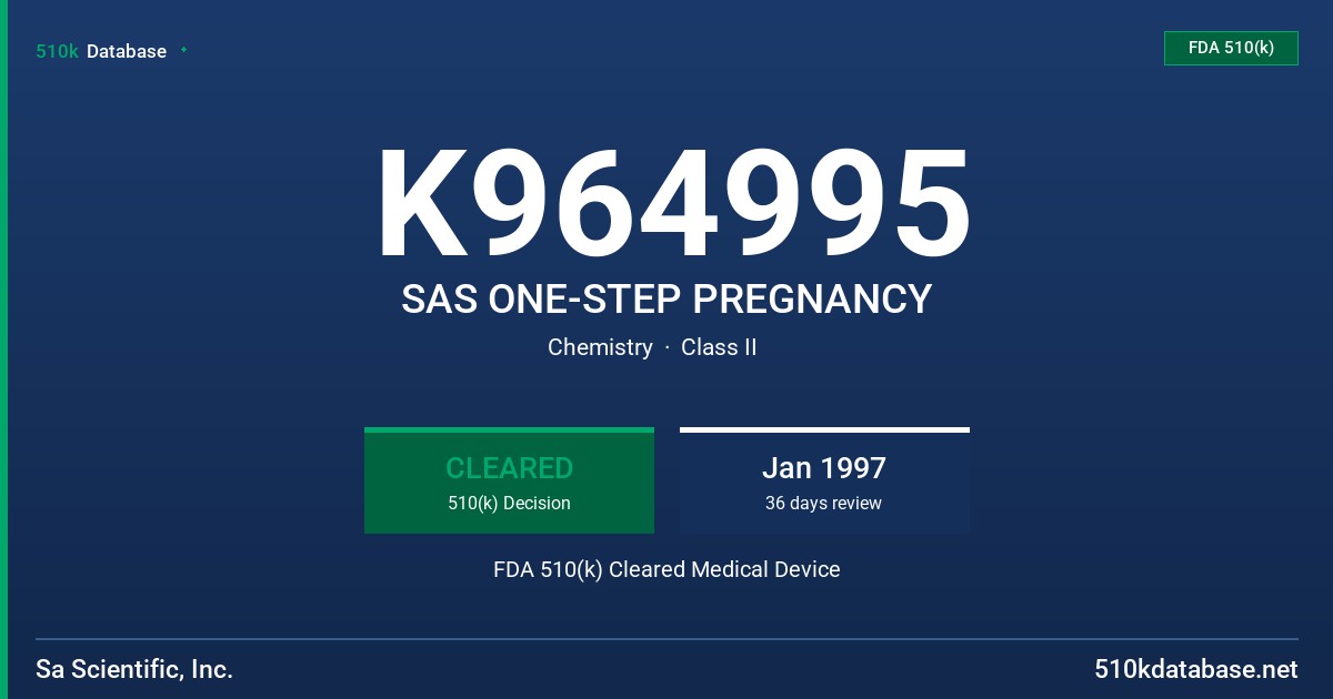 K964995 SAS ONE-STEP PREGNANCY FDA 510(k) Cleared Medical Device