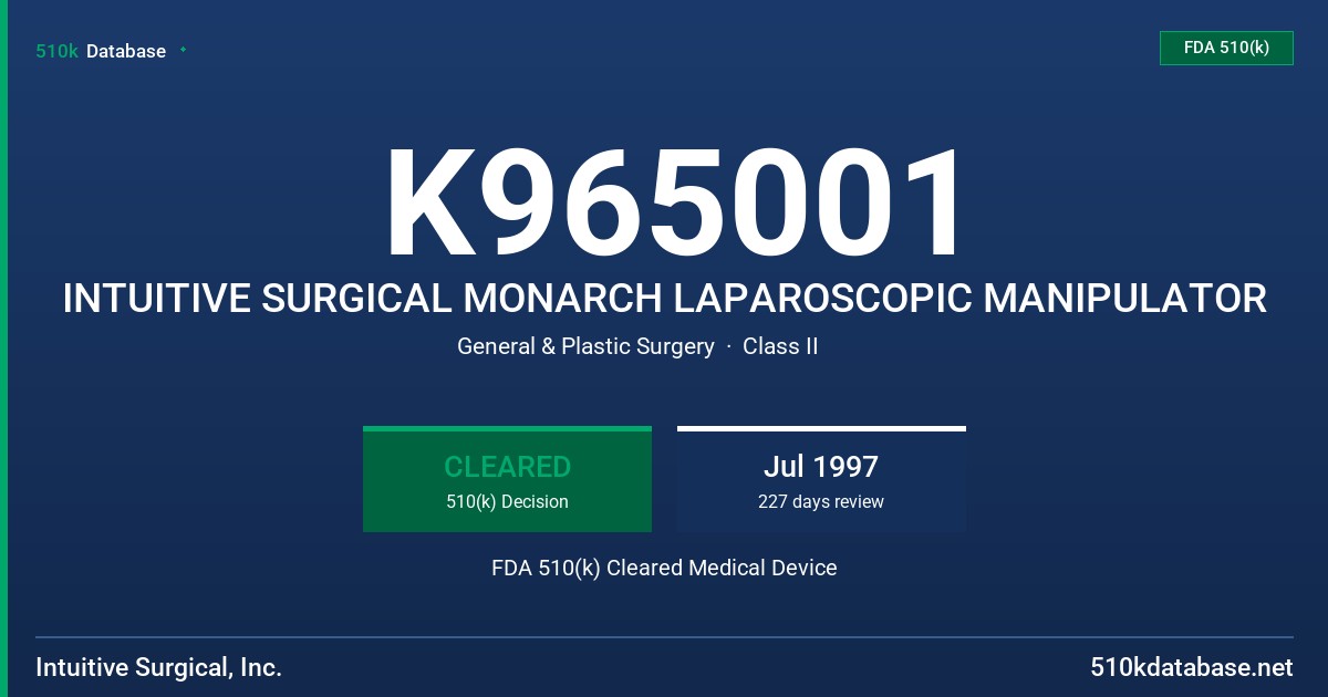 K965001 INTUITIVE SURGICAL MONARCH LAPAROSCOPIC MANIPULATOR FDA 510(k) Cleared Medical Device