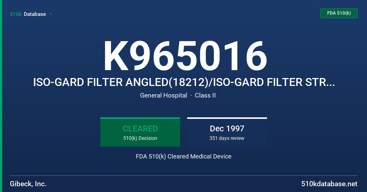 K965016 ISO-GARD FILTER ANGLED(18212)/ISO-GARD FILTER STRAIGHT(19212) FDA 510(k) Cleared Medical Device