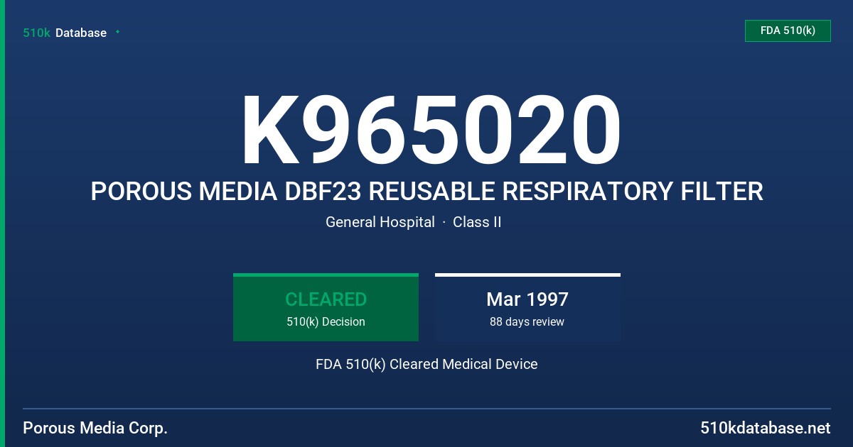 K965020 POROUS MEDIA DBF23 REUSABLE RESPIRATORY FILTER FDA 510(k) Cleared Medical Device