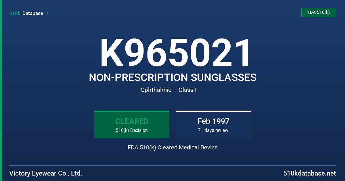 K965021 NON-PRESCRIPTION SUNGLASSES FDA 510(k) Cleared Medical Device