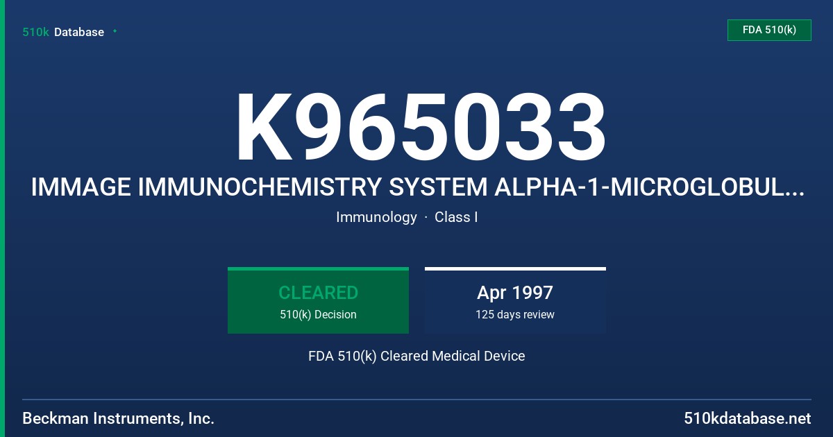K965033 IMMAGE IMMUNOCHEMISTRY SYSTEM ALPHA-1-MICROGLOBULIN (AI) REAGENT FDA 510(k) Cleared Medical Device