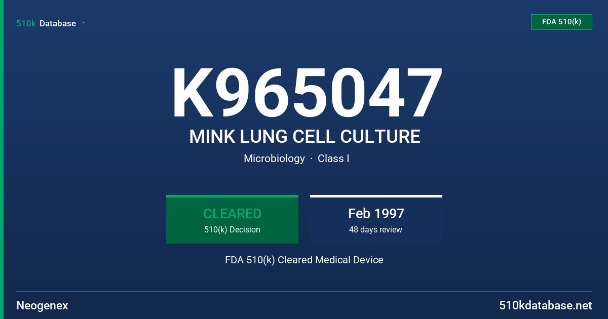 K965047 MINK LUNG CELL CULTURE FDA 510(k) Cleared Medical Device