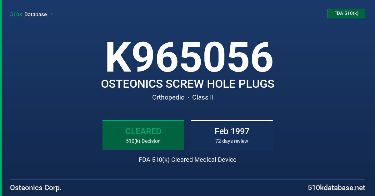 K965056 OSTEONICS SCREW HOLE PLUGS FDA 510(k) Cleared Medical Device