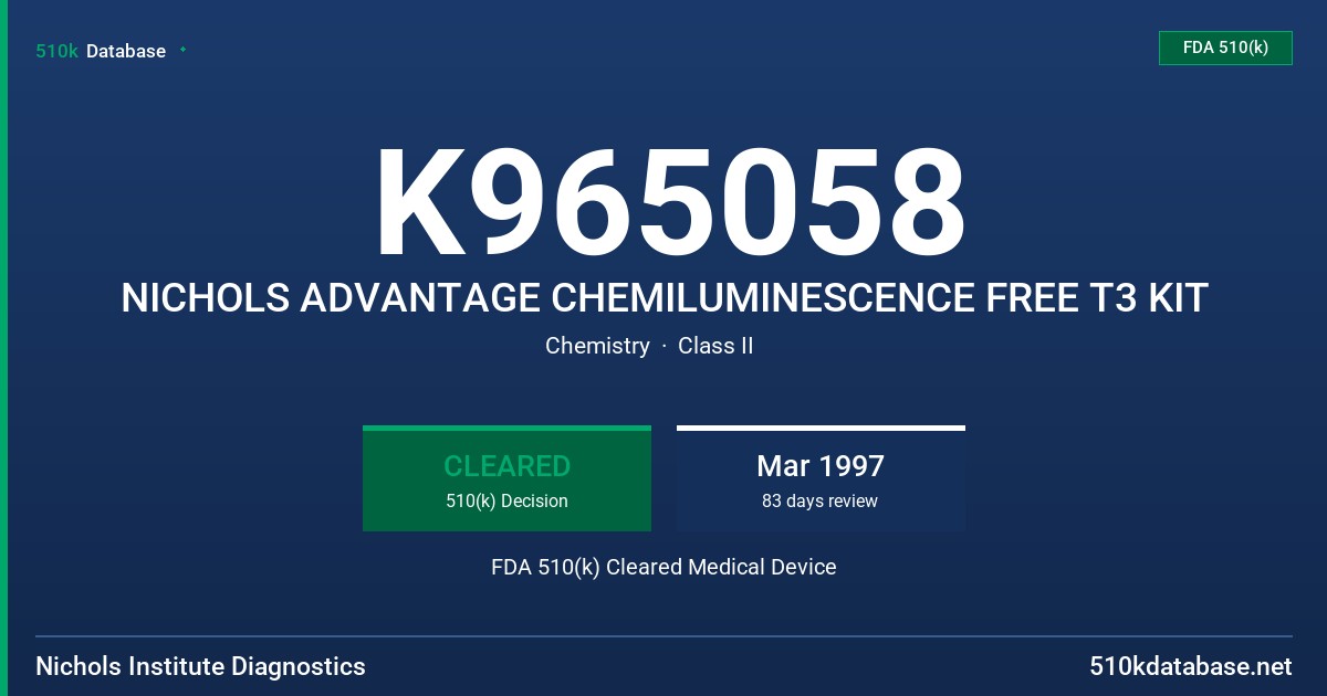 K965058 NICHOLS ADVANTAGE CHEMILUMINESCENCE FREE T3 KIT FDA 510(k) Cleared Medical Device