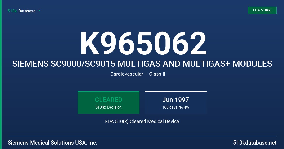 K965062 SIEMENS SC9000/SC9015 MULTIGAS AND MULTIGAS+ MODULES FDA 510(k) Cleared Medical Device