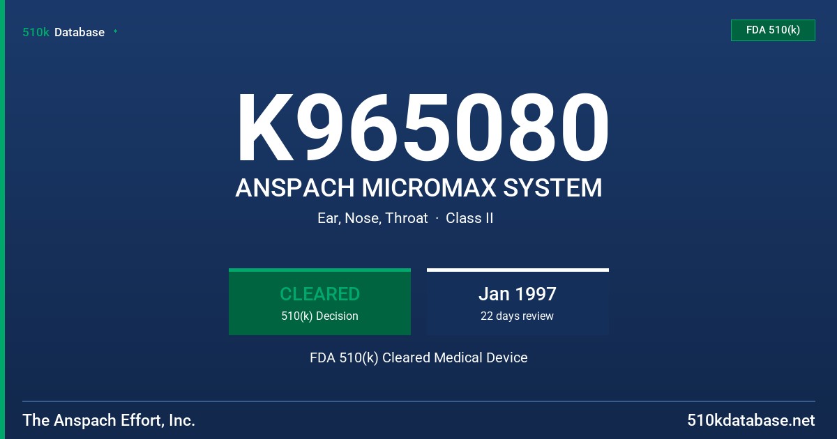 K965080 ANSPACH MICROMAX SYSTEM FDA 510(k) Cleared Medical Device