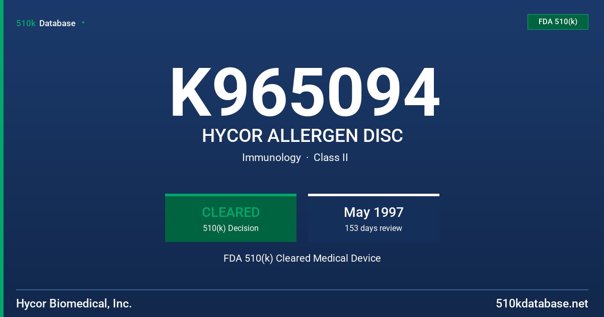 K965094 HYCOR ALLERGEN DISC FDA 510(k) Cleared Medical Device