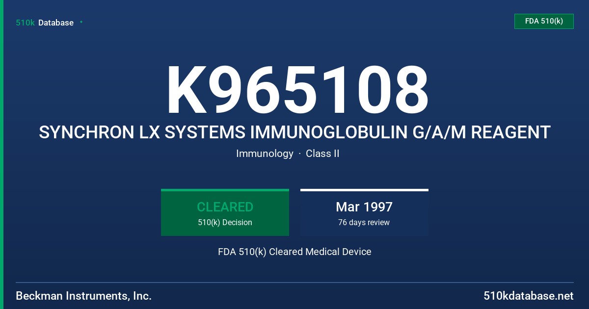 K965108 SYNCHRON LX SYSTEMS IMMUNOGLOBULIN G/A/M REAGENT FDA 510(k) Cleared Medical Device