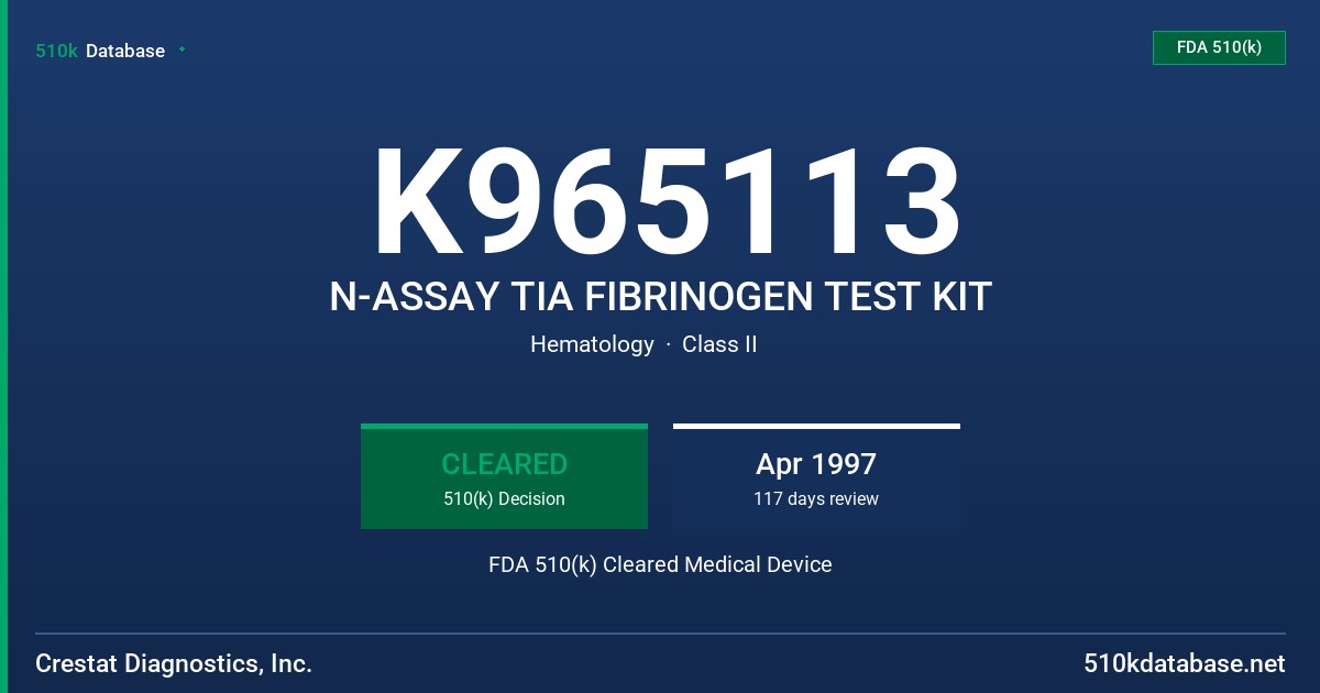 K965113 N-ASSAY TIA FIBRINOGEN TEST KIT FDA 510(k) Cleared Medical Device
