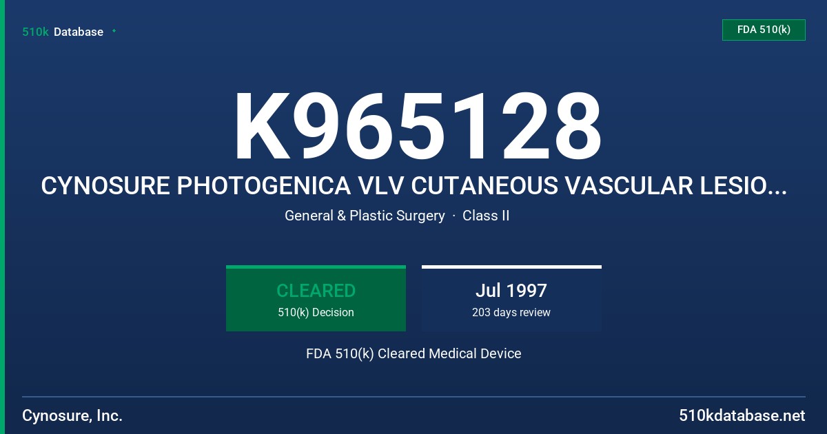 K965128 CYNOSURE PHOTOGENICA VLV CUTANEOUS VASCULAR LESION LASER FDA 510(k) Cleared Medical Device
