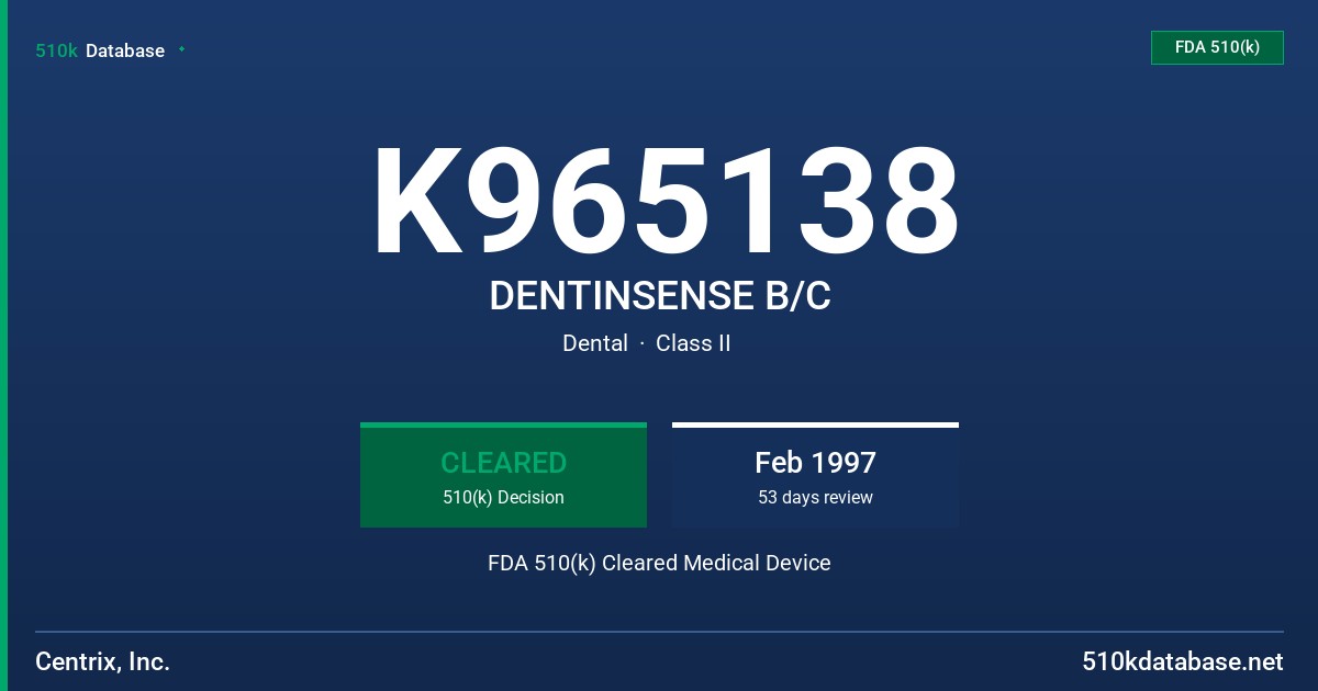 K965138 DENTINSENSE B/C FDA 510(k) Cleared Medical Device