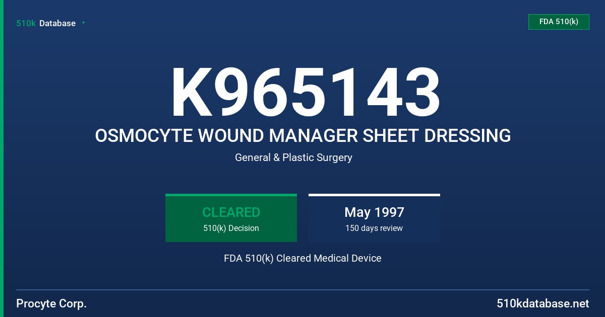 K965143 OSMOCYTE WOUND MANAGER SHEET DRESSING FDA 510(k) Cleared Medical Device