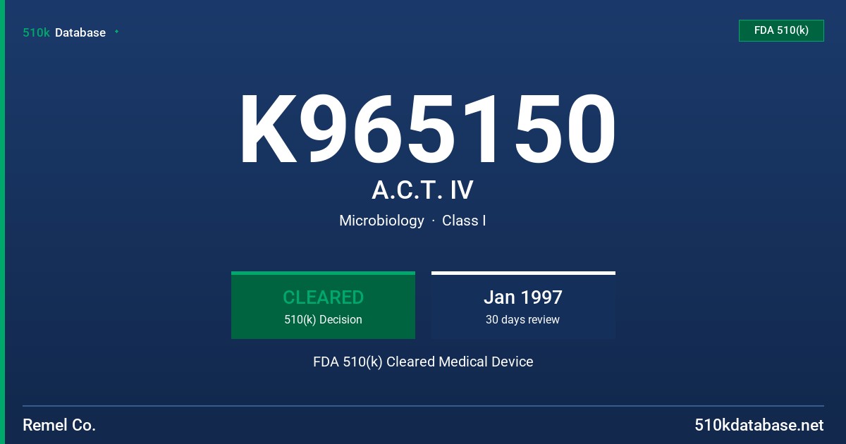 K965150 A.C.T. IV FDA 510(k) Cleared Medical Device