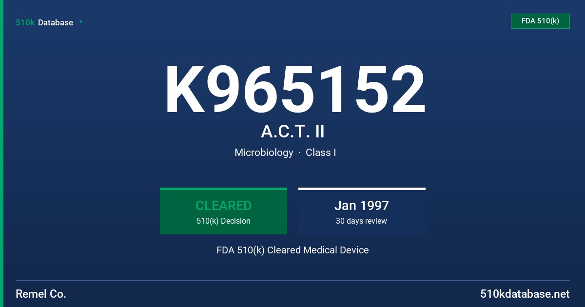 K965152 A.C.T. II FDA 510(k) Cleared Medical Device